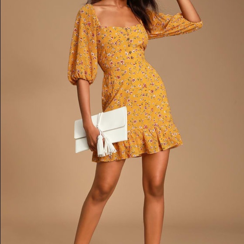 Lulus Yellow Floral Print Dress Size S